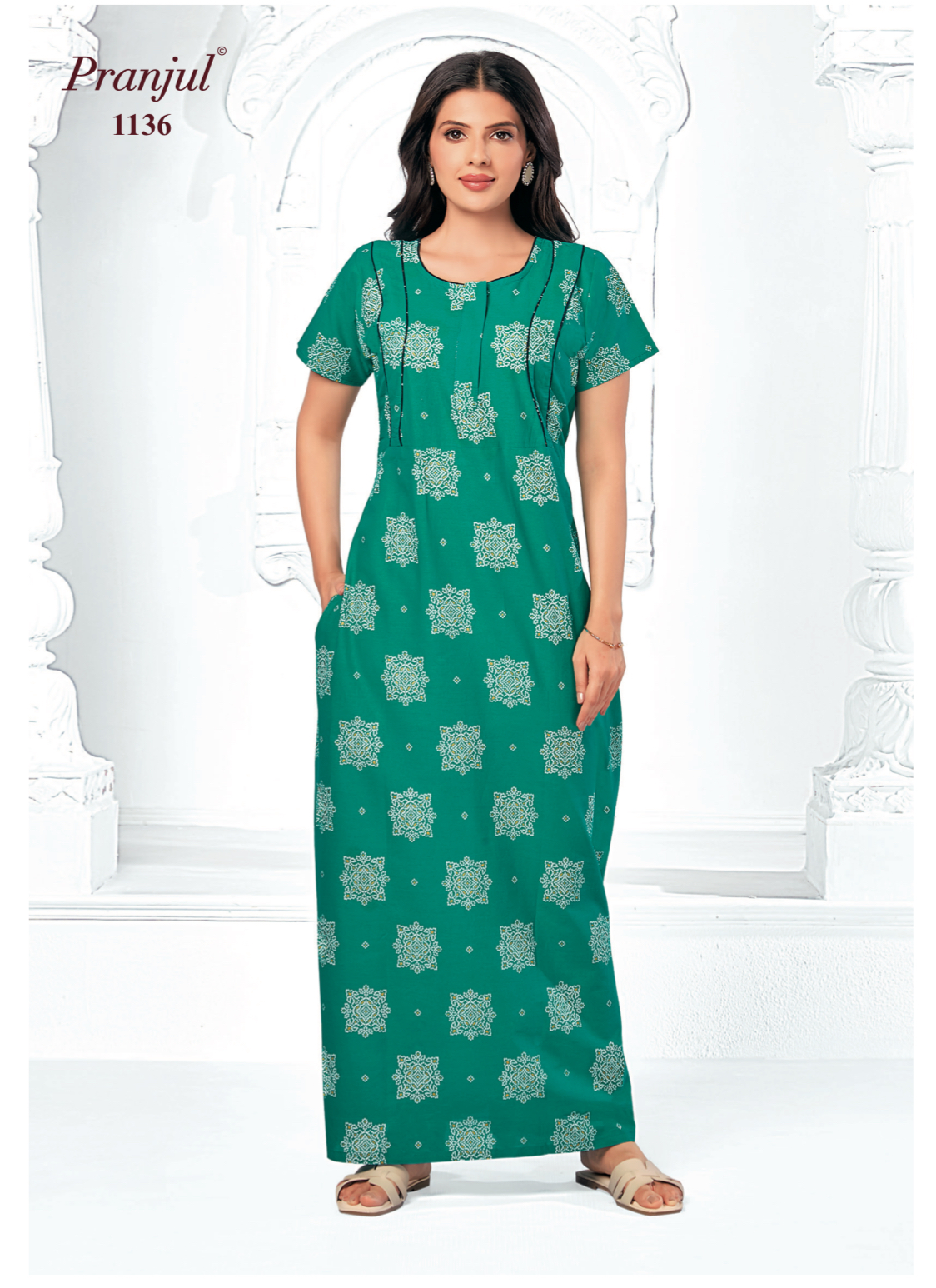 Green rangoli pattern Pranjul Nighty